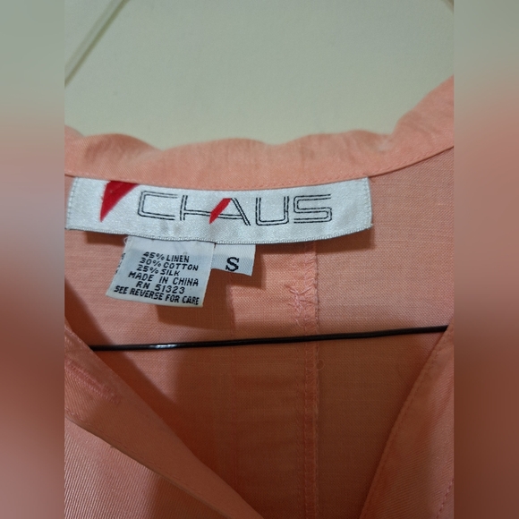 Vintage 90s Chaus Women's silk linen button-up shortsleeve blouse salmon pink S - Picture 2 of 6